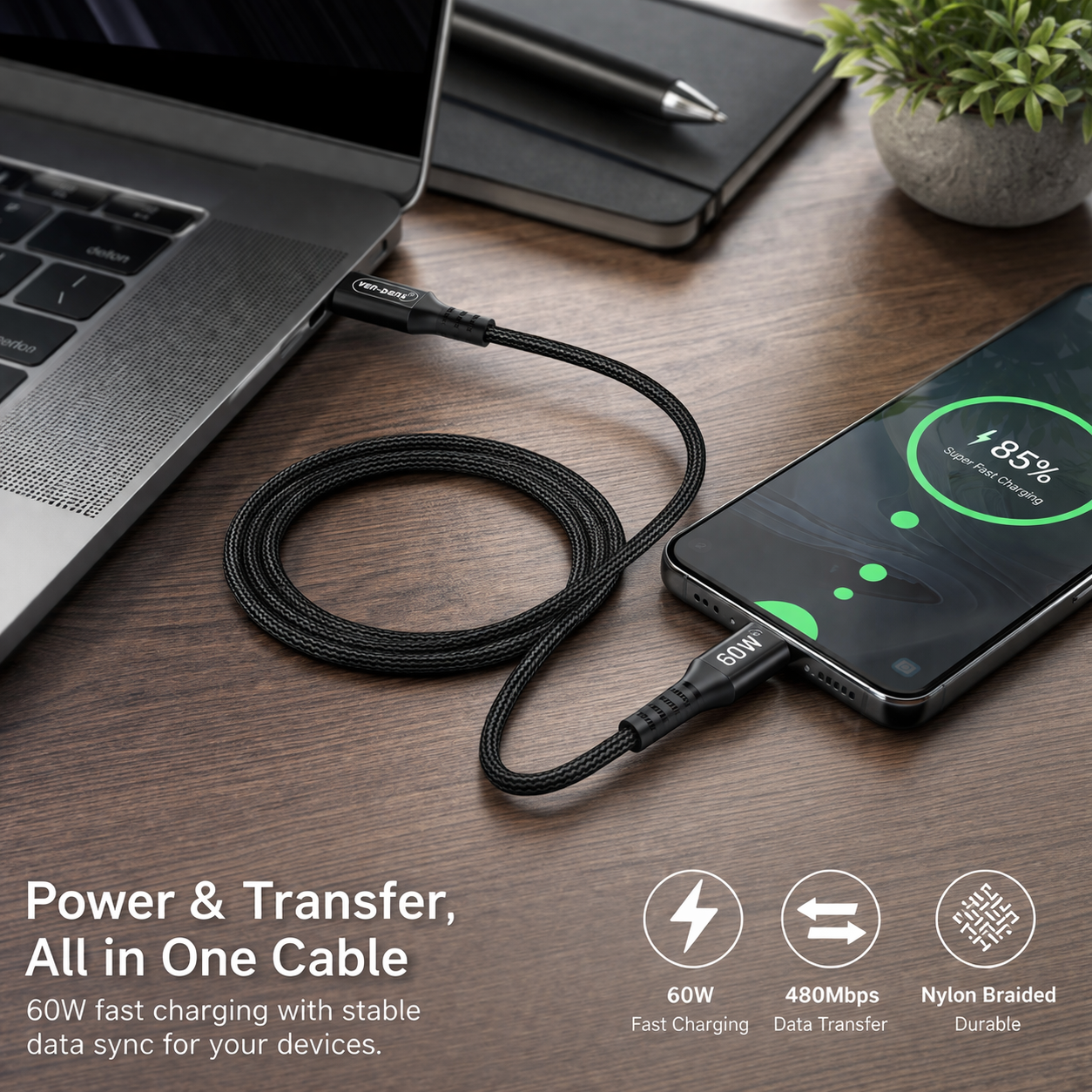 USB C to USB C Braided Cable 60W Fast Charging Data Cable Nylon 1.5M view 5
