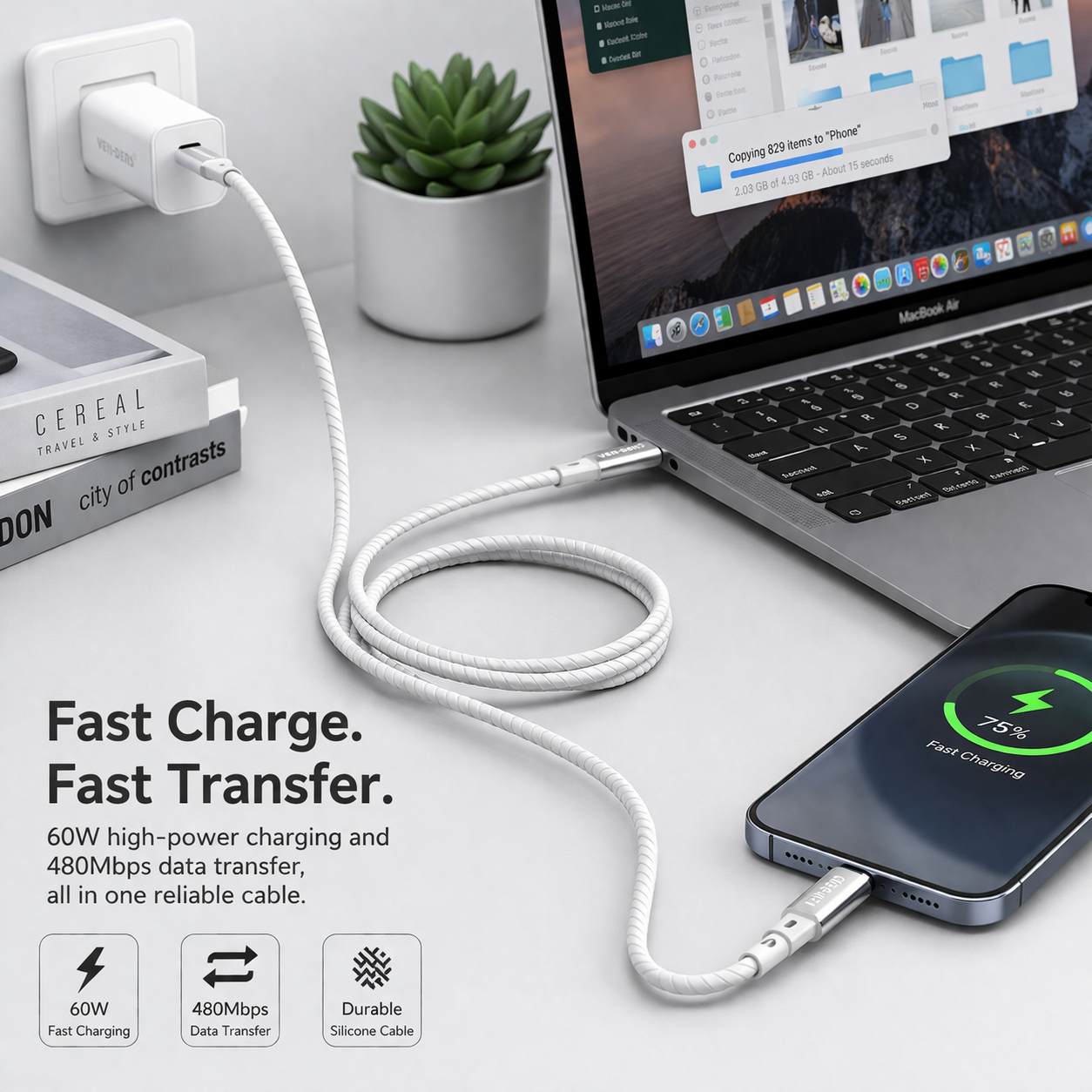 USB C to USB C Braided Cable 60W Fast Charging Data Cable Silicone 1M view 5