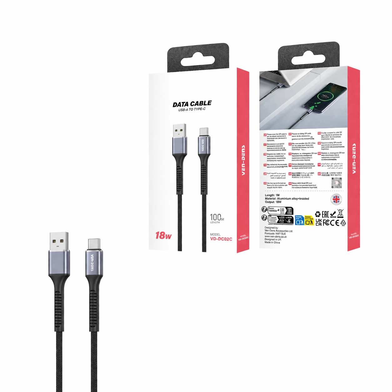 USB A to Type C Cable 18W Fast Charging Data Cable 1M Heavyduty Braided Black
