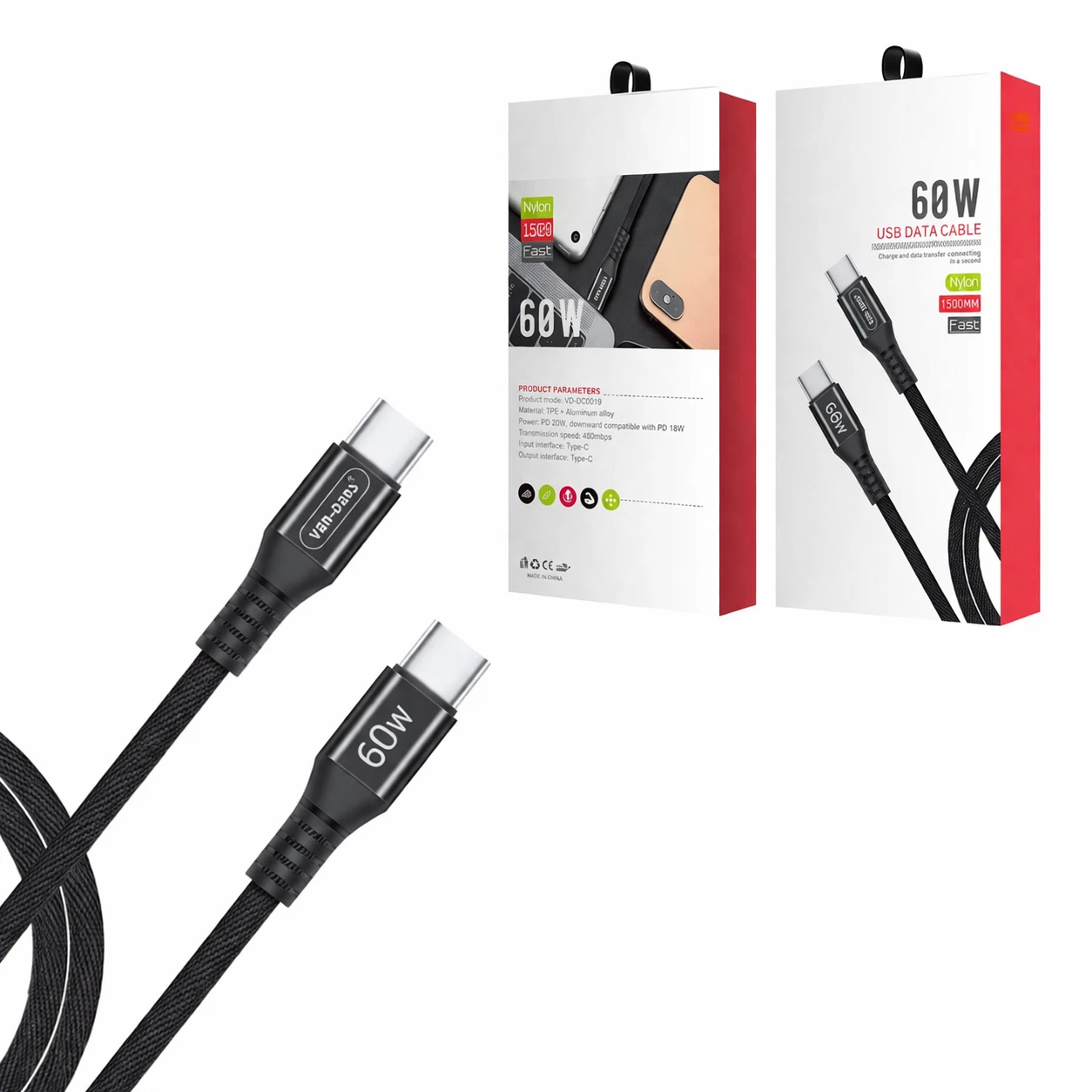 USB C to USB C Braided Cable 60W Fast Charging Data Cable Nylon 1.5M